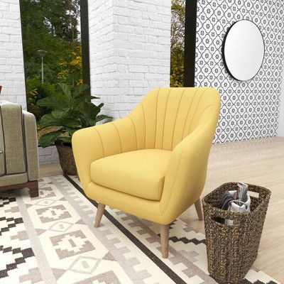 Yellow Velvet Barrel Accent Chair with Wood Legs