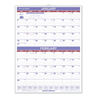 Two-Month Wall Calendar, 22 x 29, White/Blue/Red Sheets, 12-Month (Jan to Dec): 2025