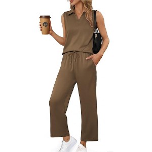 PINSPARK Two Piece Sets for Women Sleeveless Outfits Travel Tracksuit V Neck Top Wide Leg Pant Lounge Sets 2025 Summer - 1 of 4