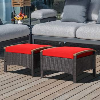 Costway Set of 2 Patio Rattan Ottoman Footrest Cushions Wooden Handle Off White\Brown\Red\Navy