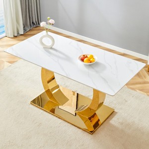 Indoor Rectangular Sintered Stone Dining Table,Dining Table With Rock Slab Tabletop And Stainless Steel Metal Table Legs-Cuddlewood - 1 of 4