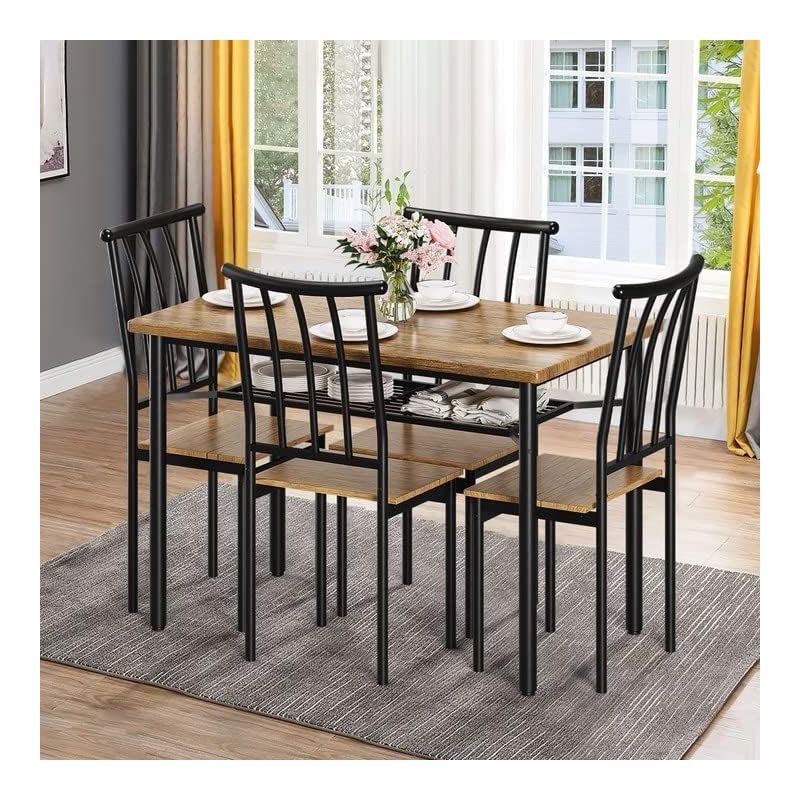 Whizmax 5 Piece Dining Table Set for 4, Metal and Wood Rectangular Dining Room Table Set for Kitchen, Dining Room, Dinette, Rustic Brown, 2 of 10
