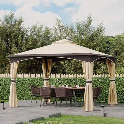 DOMETOUR 10' x 12' Outdoor Gazebo with Netting, Curtains, 2-Tier Roof, Steel Frame for Patio, Lawn, Garden, Backyard, Deck