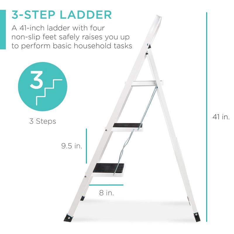 Best Choice Products 3 Step Ladder Folding Lightweight Step Stool for Home w/ Non-Slip Feet, Padded Steps, 330lb White, 2 of 7