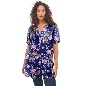 Roaman's Plus Size Angelina Tunic Top – Short Sleeve, Flowy Fit, Everyday Comfort - 1 of 4