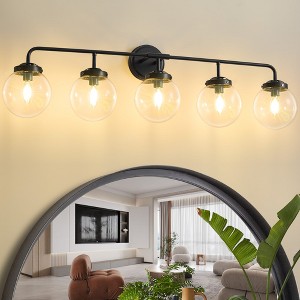 POWLIG 38.98-in 5-Light Matte Black Bathroom Light Fixtures Over Mirror Vanity Lighting with Clear Glass Globe Shades - 1 of 4