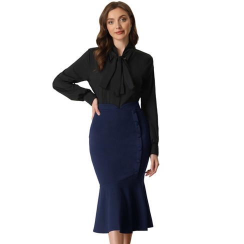 Allegra K Women's High Waist Elegant Button Decor Stretch Mermaid Midi  Skirt Navy Small