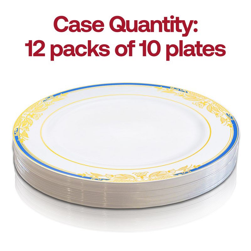Smarty Had A Party 10.25" White with Blue and Gold Harmony Rim Plastic Dinner Plates (120 Plates), 3 of 7