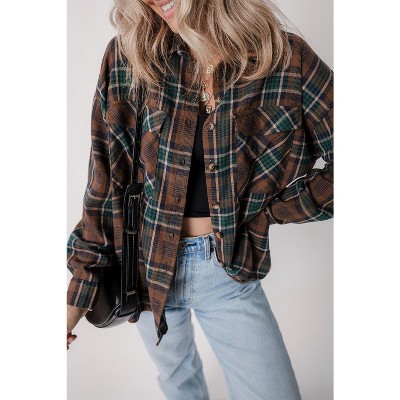 Brown Plaid Print Chest Pockets Buttoned Shirt Jacket