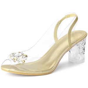 Perphy Women's Clear Slingback Rhinestone Peep Toe Block Sandal Heels - 1 of 4