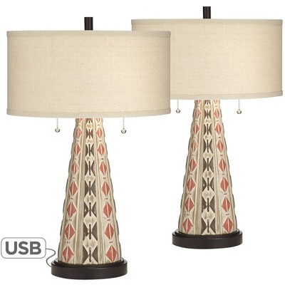 John Timberland Table Lamps Set of 2 with USB Port Southwest Style Tapering Column Oatmeal Fabric Drum Shade Living Room Bedroom