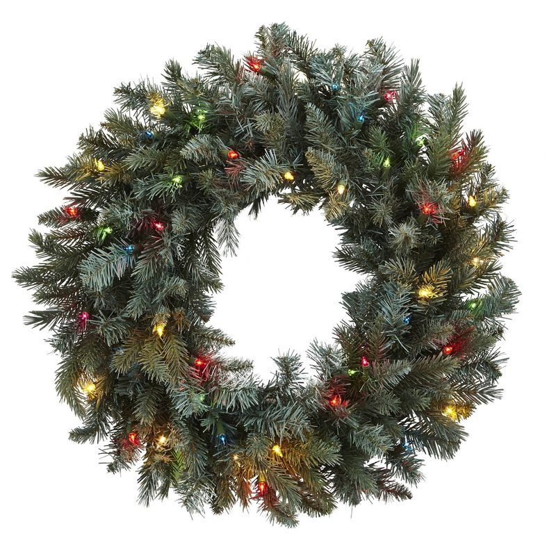 Nearly Natural 30&#34; Pre-lit Pine Artificial Christmas Wreath Green with Multicolor Lights, 1 of 5