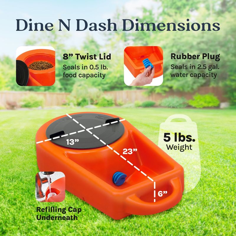 Dakota 283 Dine N Dash Weatherproof Large On-the-Go Travel Feeding and Water Storage System Pet Bowl with 8'' Twist Lid, Orange, 2 of 7