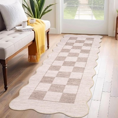 Scalloped Living Room Rug Washable Area Rug for Dining Room Bedroom Low Pile Neutral Area Rugs Modern Checkerboard Farmhouse Floor Cover