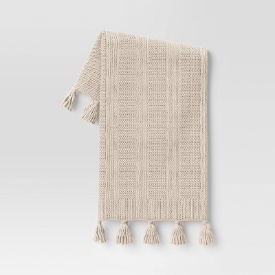 Photo 1 of Chunky Knit Striped Holiday Throw Blanket with Tassels Cream - Threshold&#8482;