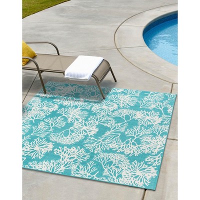 Teal and Ivory Synthetic Square Outdoor Rug