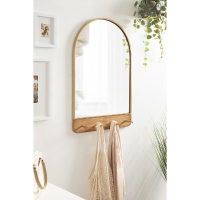 Schuyler Arched 20x31 Natural Wood & Gold Wall Mirror with Hooks