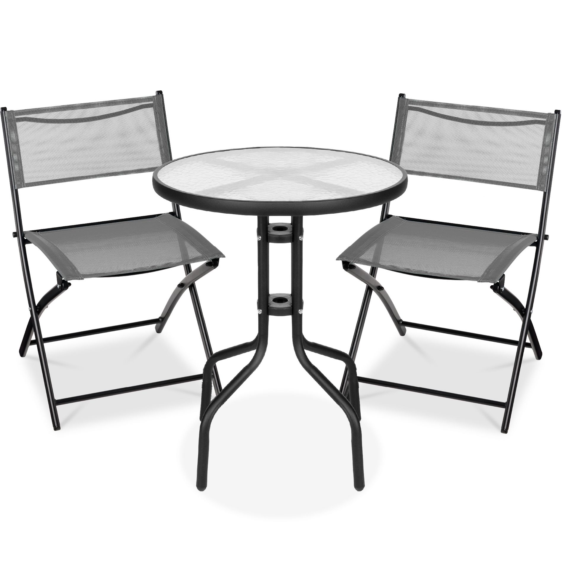 Best Choice Products 3-Piece Patio Bistro Dining Furniture Set w/ Glass Tabletop, Folding Chairs - Gray