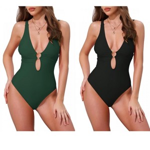 INSPIRE CHIC Women's O Ring Cut Out Deep V Monokini Bikini Suit 2 Sets - 1 of 4