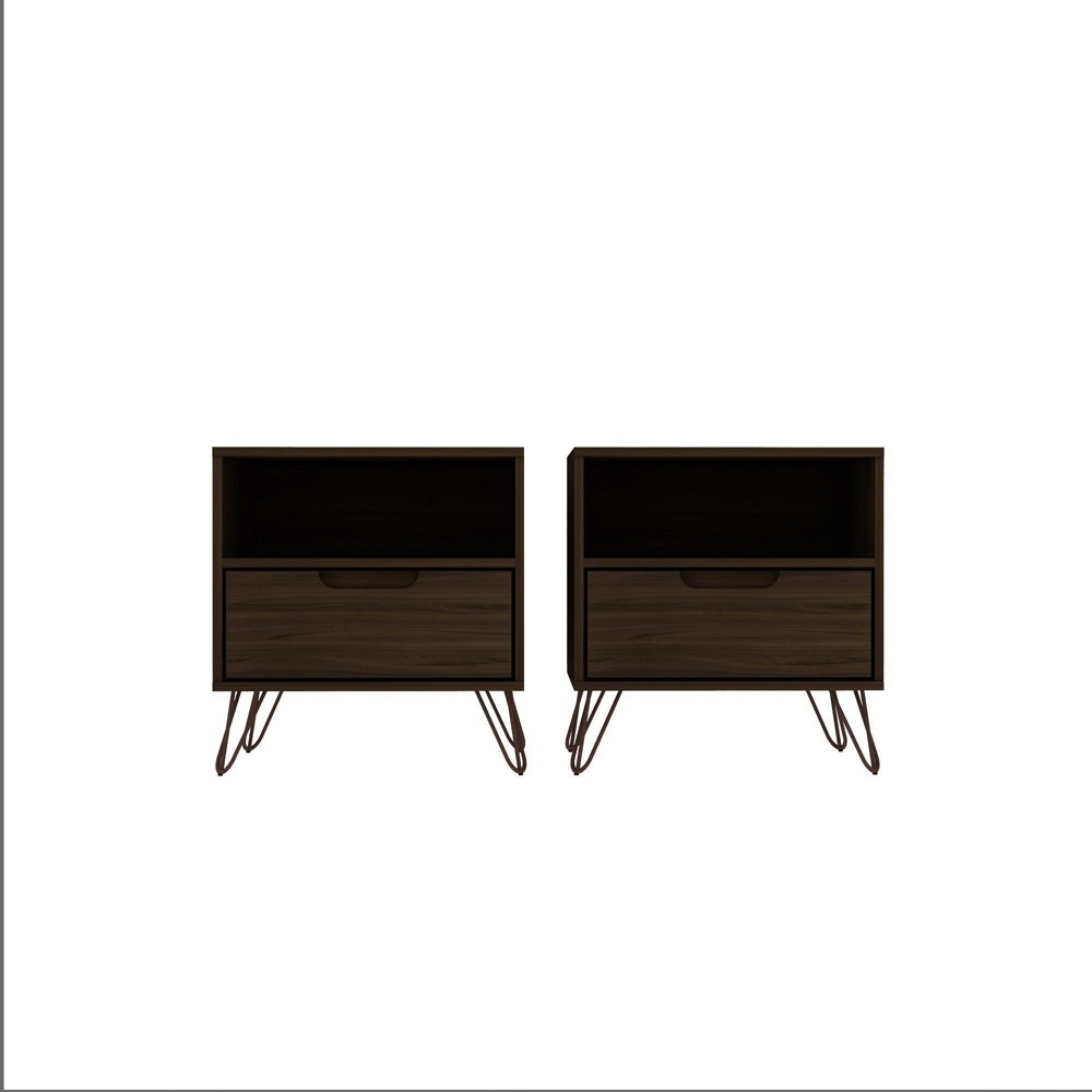 Set of 2 Rockefeller 1 Drawer Nightstands Brown - Manhattan Comfort: MDF Construction, Metal Hardware, Storage Shelf