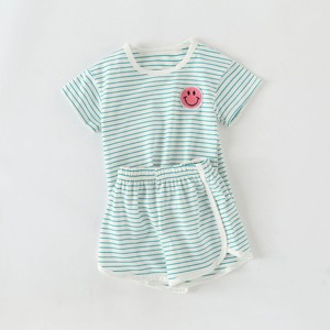 MyKids-Usa Baby Smiley Patched Pattern Striped Graphic Tee Combo Shorts Sets - 1 of 4