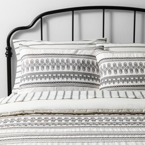 Full Queen Comforter Set Embroidered Railroad Gray Sour Cream