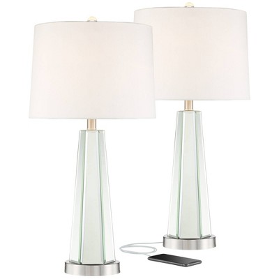 Regency Hill Braydon Modern Table Lamps Set of 2 28" Tall Mirrored with USB Charging Port White Drum Shade for Bedroom Living Room Bedside Nightstand