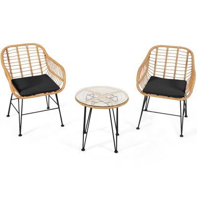 Tangkula 3 Pieces Patio Furniture Set w/Tempered Glass Coffee Table Set for Garden and Backyard White/Red/Turquoise/Grey/Black Cushions