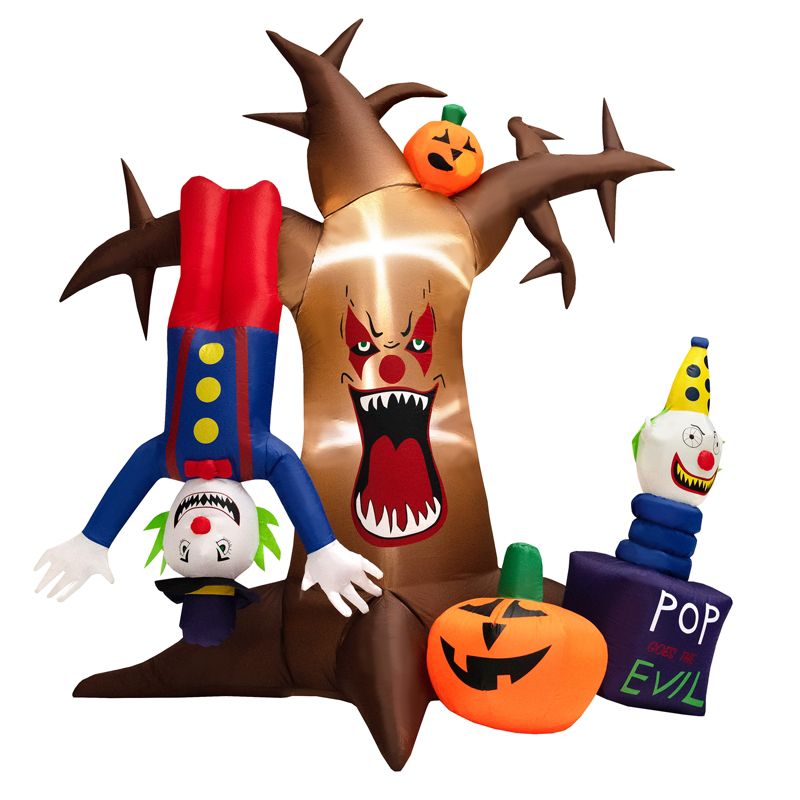 Tangkula 8FT Tall Halloween Inflatable Decoration Blow Up Dead Tree & Pumpkins & Scary Clowns, Bright LED Lights, Air Blower Self-inflate Decoration, 1 of 10