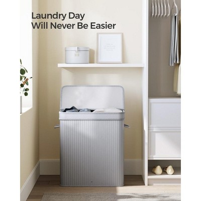Gray Bamboo Upright Laundry Hamper with Lid and Handles