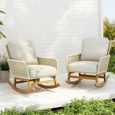 [Set of 2]Modern Outdoor Lounge Chair, Contemporary Minimalist Wicker Rocking Chair, Chairs with PE White Cushions and Wooden Frame-Coolbibila