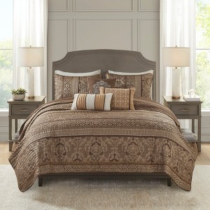 Gulches Full/Queen 6 Piece Jacquard Quilt Set with Throw Pillows Brown and Gold - 1 of 4
