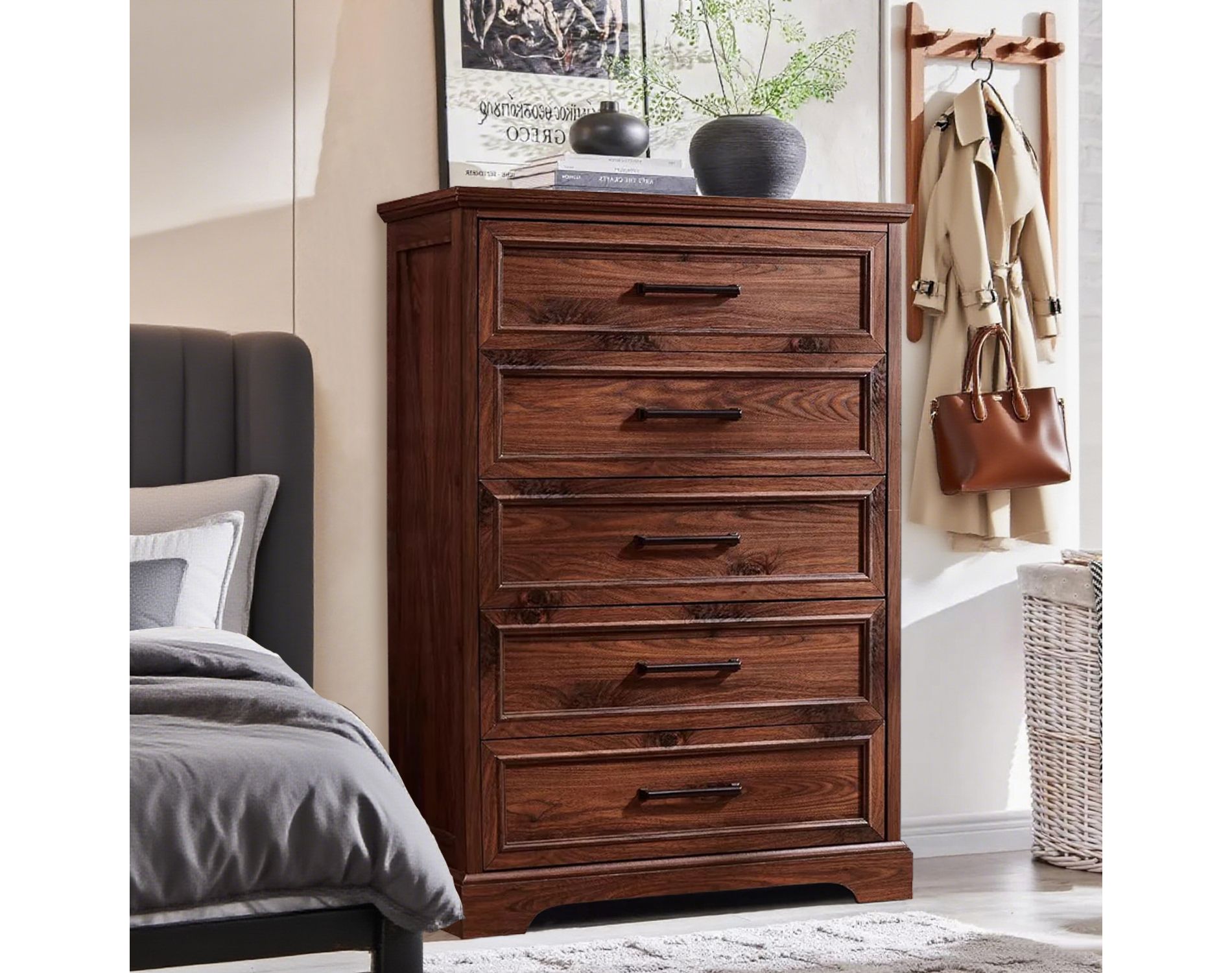 46" Farmhouse 5 Drawers Dresser for Bedroom, Tall Wood Chest of Drawers with Natural Texture for Bedroom, Living Room, Brown