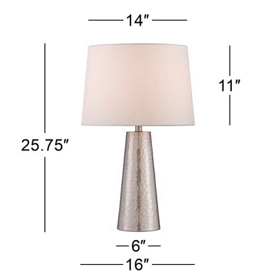 Silver Leaf Hammered Metal Cylinder Table Lamp with Off-White Fabric Shade