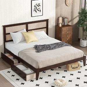BABYYER Full Size Bed Frame with Rattan Headboard, Boho Platform Bed with Storage Underneath and Enhanced Support Slats and Feet - 1 of 4