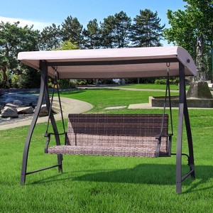 Aoodor 3-Seat Outdoor Rattan Patio Swing with Adjustable Dark Blue Canopy, Built-in Quick-Drying Foam Seat, Rattan Wicker, Rust-Resistant Iron Frame - 1 of 4