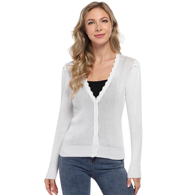 Women's Lightweight Mesh Cardigan Sweater with Wavy Trim Button Down Cardigan Sweater Spring/Fall Outfits, 5 of 8