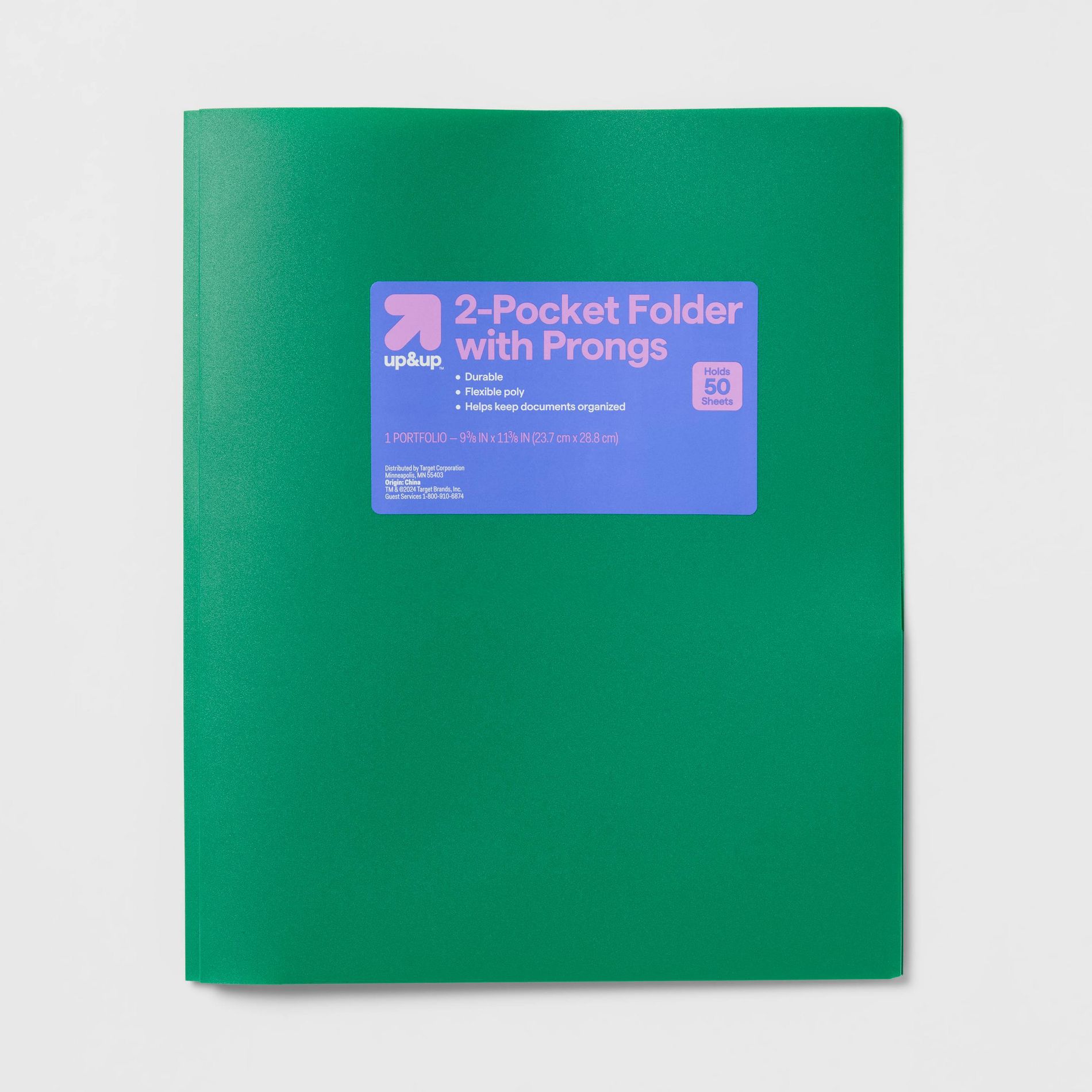 2 Pocket Plastic Folder with Prongs Green - up&up™: School Supplies, Polypropylene, 3 Hole Punched, 50 Sheet Capacity