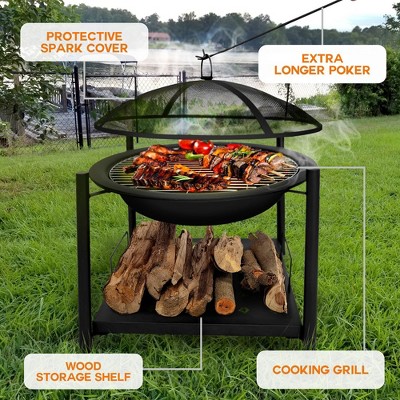 Black Steel 26'' Wood Burning Fire Pit with Grill and Spark Screen