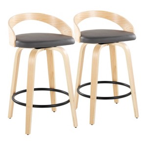 LumiSource Set of 2 Grotto Counter Height Barstools Natural/Black/Gray : Swivel, Low Back, Wood Frame, Foam Upholstery - 1 of 4