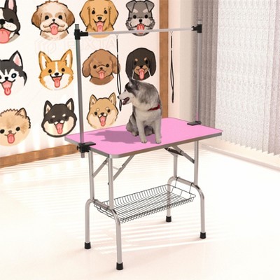 UbMelt Folding Pet Grooming Table with Adjustable Arms,Nooses,Clamps and Mesh Tray for Medium/Large Dogs,Gray/Pink