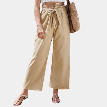Women's Khaki Paperbag Waist Wide Leg Pants - Cupshe