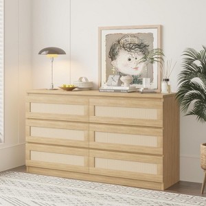 Rattan Dresser for Bedroom, Modern 6 Drawer Double Dresser with Anti-Tip Kit, Wood Storage Wide Chest of Drawers for Bedroom - 1 of 4