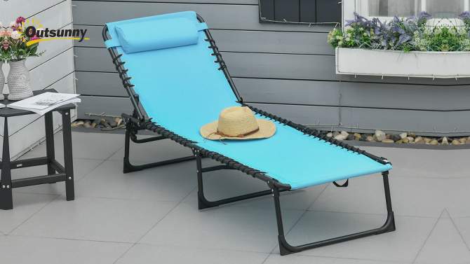 Folding Chaise Lounge Pool Chair with 4-Position Reclining Back, Pillow, Breathable Mesh & Bungee Seat, 2 of 14, play video