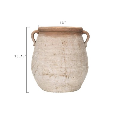 14" Orange and Whitewashed Terracotta Urn with Handles