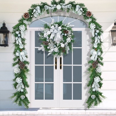24" Prelit Christmas Wreath with Lights, Battery Operated for Front Door Porch Wall Window Fireplace Outdoor Home Holiday Accent