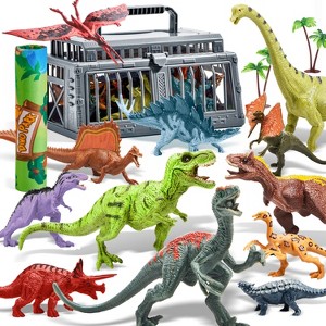 19 PCS Realistic Dinosaur Figures & Trees for Toddlers, Dinosaur Toys with Activity Play Mat & Cage, Dino Playset Toys for Kids Boys Girls Gift 3-5 - 1 of 4