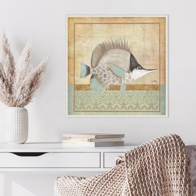 Vintage Fish IV Coastal Canvas Wall Art in White Frame