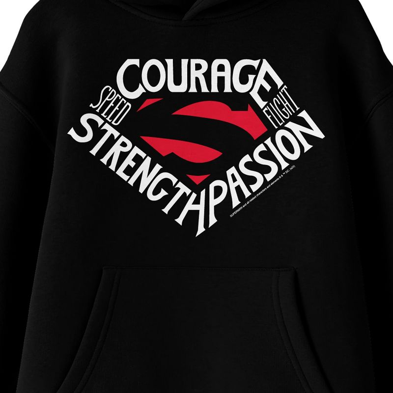 Superman Courage Strength & Passion Distressed Logo Long Sleeve Black Youth Hooded Sweatshirt, 2 of 4