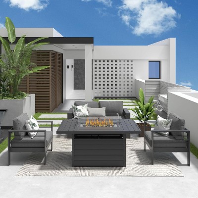 Heynemo Aluminum Patio Furniture Set with Fire Pit Table, 4 Piece Metal Outdoor Furniture with Cushions for Backyard